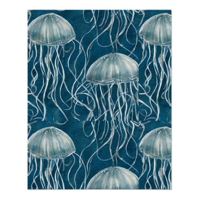 Marine Blue and White Jelly Fish Pattern Poster (Front)