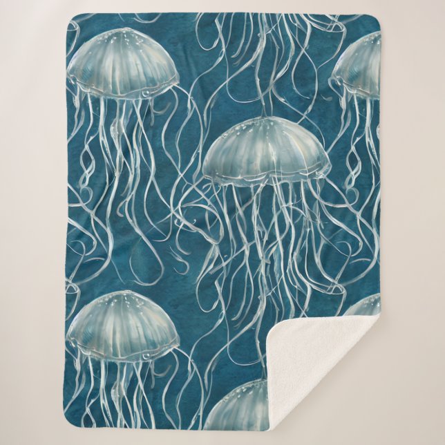 Marine Blue and White Jelly Fish Pattern Sherpa Blanket (Front)