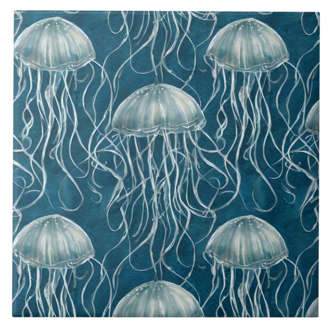 Marine Blue and White Jelly Fish Pattern Tile (Front)
