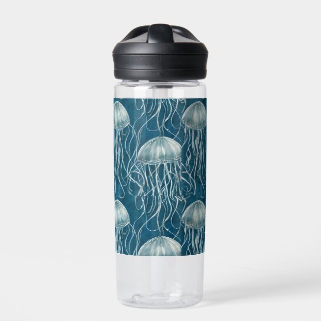 Marine Blue and White Jelly Fish Pattern Water Bottle (Front)