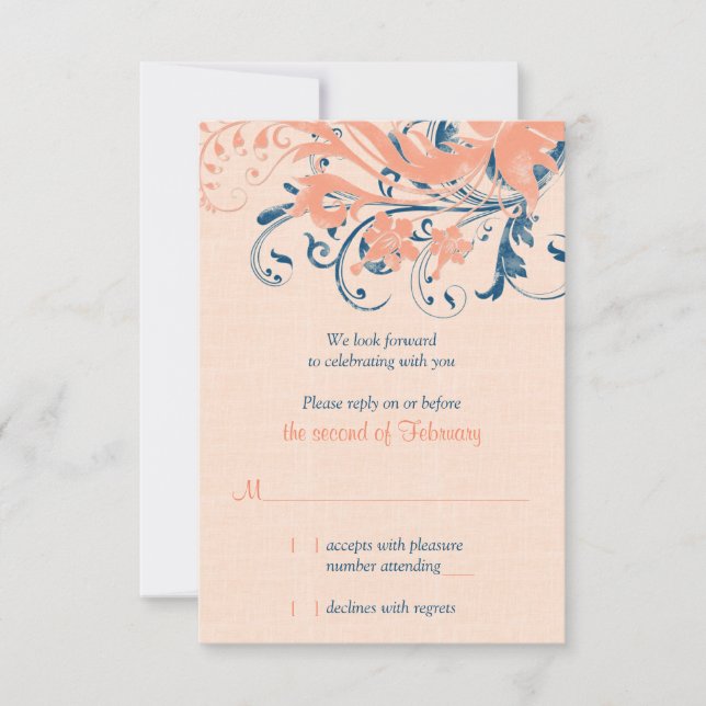 Marine Blue Coral Floral Wedding Reply Card (Front)