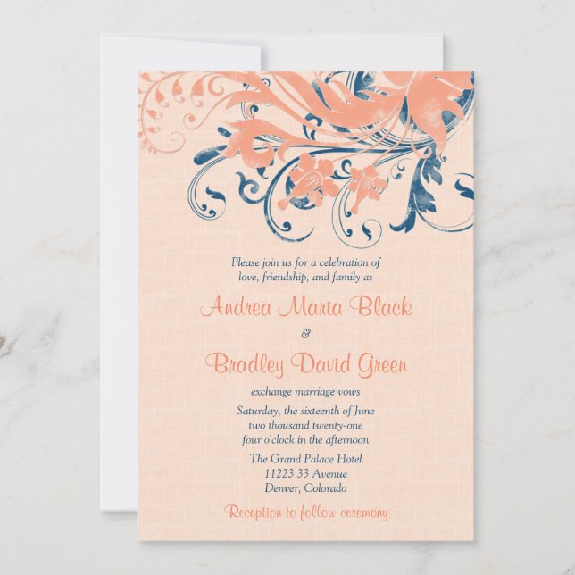 Marine Blue Coral Peach Floral Wedding Invitation (Front)