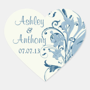 Marine Blue Ivory Floral Wedding Heart Stickers