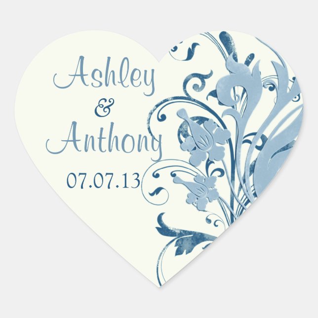 Marine Blue Ivory Floral Wedding Heart Stickers (Front)