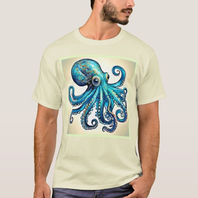 Marine Blue Octopus Glow Design T-Shirt (Front)