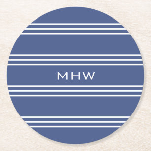Marine Blue Stripes custom monogram paper coasters