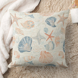 Marine Botanical Seashell Blue Coral Peach Pattern Cushion