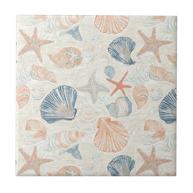 Marine Botanical Seashell Blue Coral Peach Pattern Tile (Front)