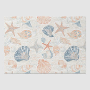 Marine Botanical Seashell Blue Coral Peach Pattern Tissue Paper