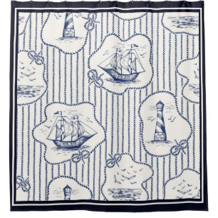 Marine Elements Blue White Lighthouse Ship Shower Curtain