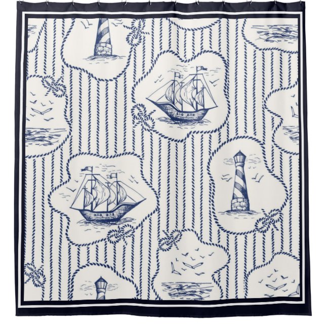 Marine Elements Blue White Lighthouse Ship Shower Curtain (Front)