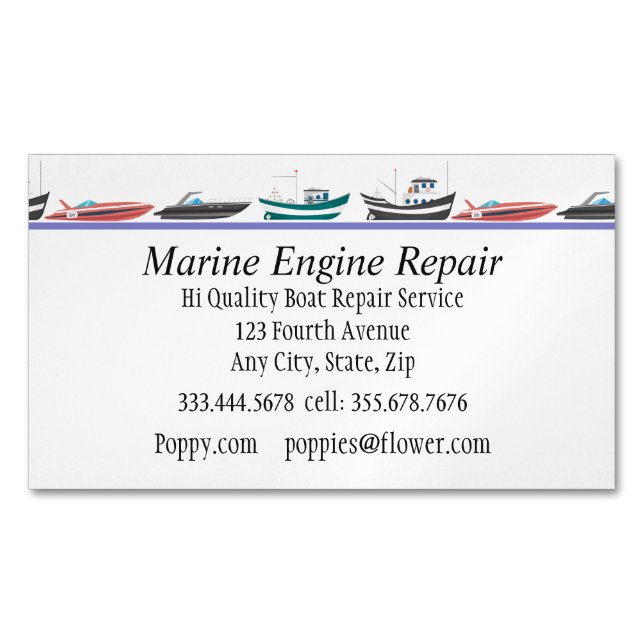 Marine Engine Boat Motor Repair Service  Magnetic Business Card (Front)