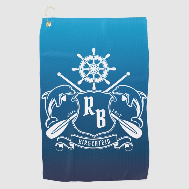 Marine Insignia Dolphins Helm Oars Shield Nautical Golf Towel (Front)