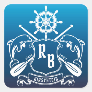 Marine Insignia Dolphins Helm Oars Shield Nautical Square Sticker