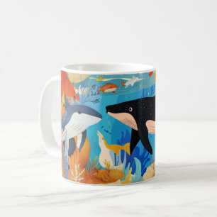 marine life, including two large whales coffee mug