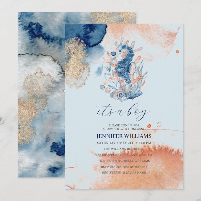 Marine Life | It's a Boy Seahorse Baby Shower Invitation (Front/Back)