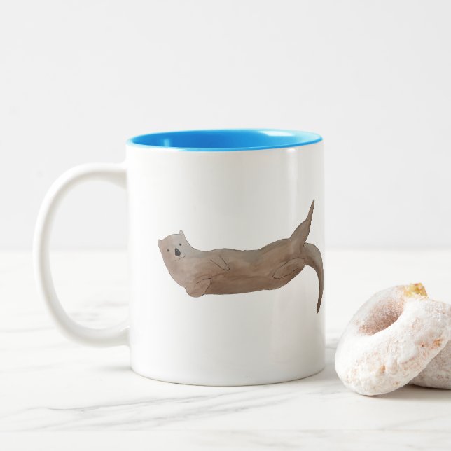 Marine Mammal Watercolor Sea Otter Two-Tone Coffee Mug (With Donut)