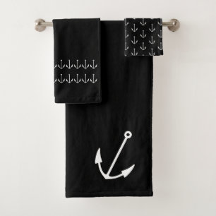 Marine Nautical Anchor  Bathroom black white Bath Towel Set