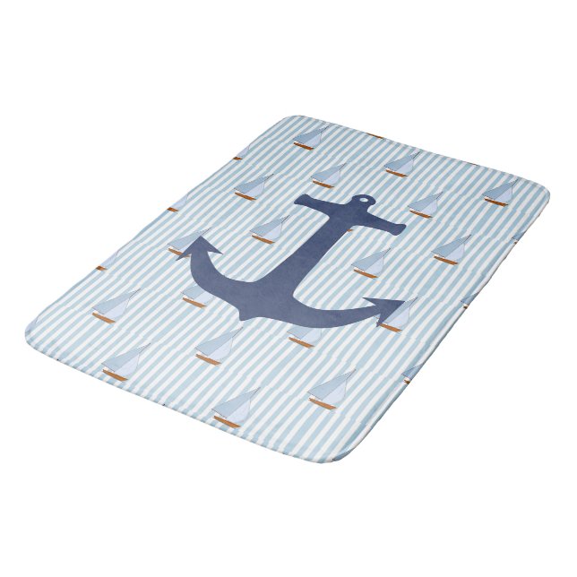 Marine Nautical Sailing Ship White and Blue Stripe Bath Mat (Angled)