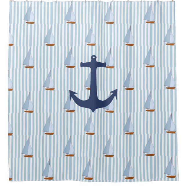 Marine Nautical Sailing Ship White and Blue Stripe Shower Curtain (Front)