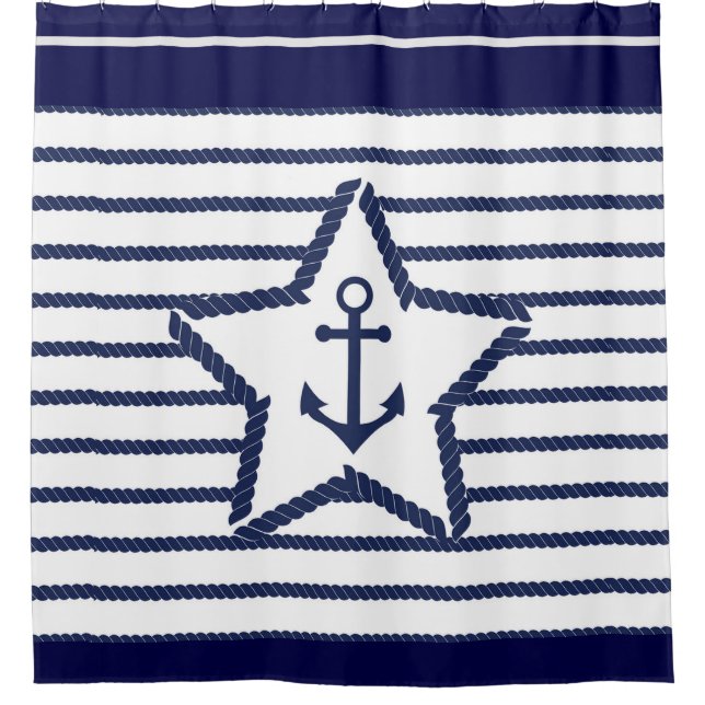 Marine Pattern Blue White Sea and Nautical Anchor  Shower Curtain (Front)