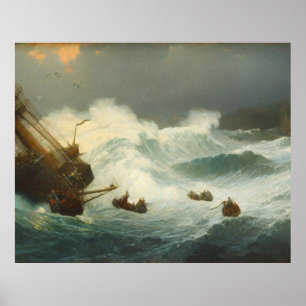 Marine People in lifeboats at Sea with a big storm Poster