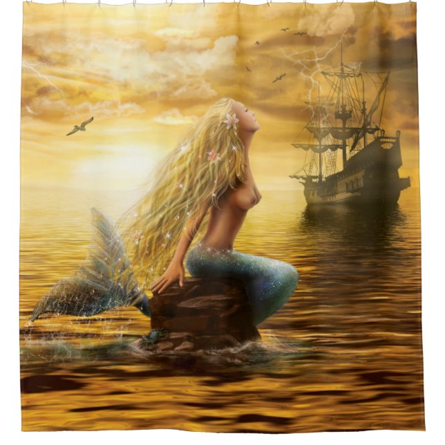 marine princess- fantasy mermaid at sunset back shower curtain (Front)
