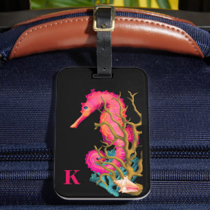 Marine Seahorse Pink Black Modern Chic Luggage Tag