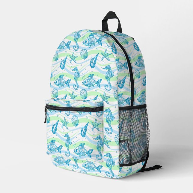 Marine Sketch Pattern Printed Backpack (Back Corner Right)