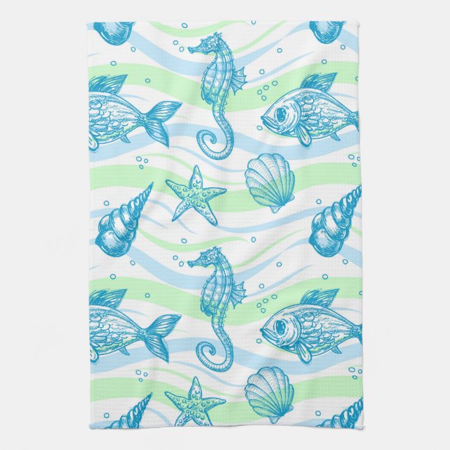 Marine Sketch Pattern Tea Towel (Vertical)