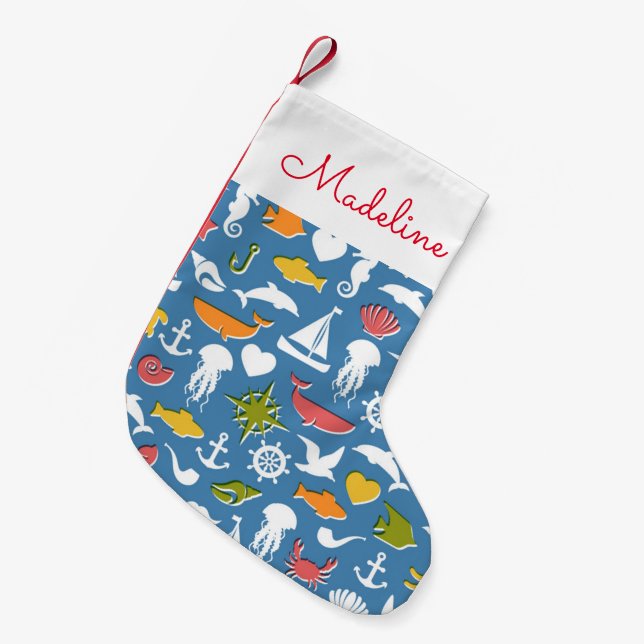 Marine Symbols Pattern | Add Your Name Small Christmas Stocking (Front (Hanging))