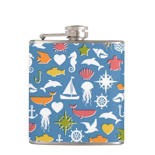 Marine Symbols Pattern Hip Flask (Front)