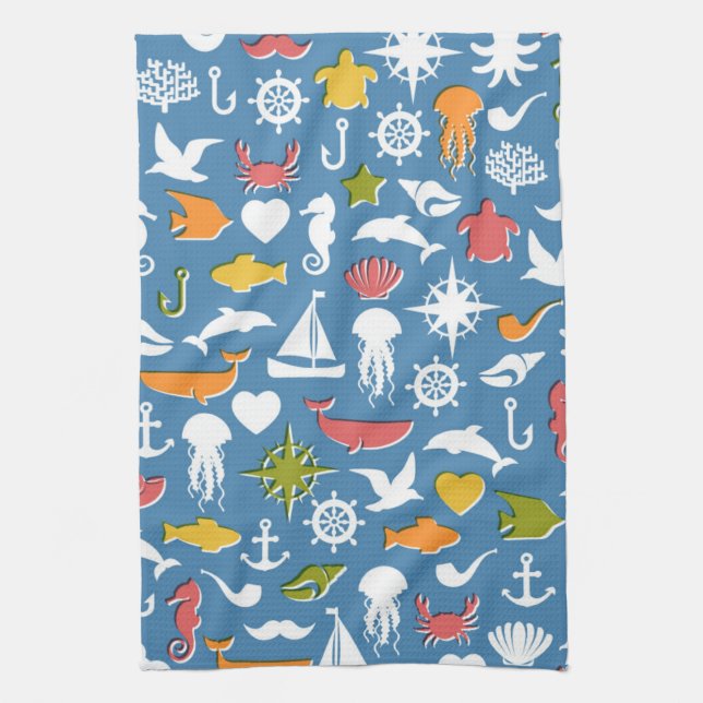 Marine Symbols Pattern Tea Towel (Vertical)