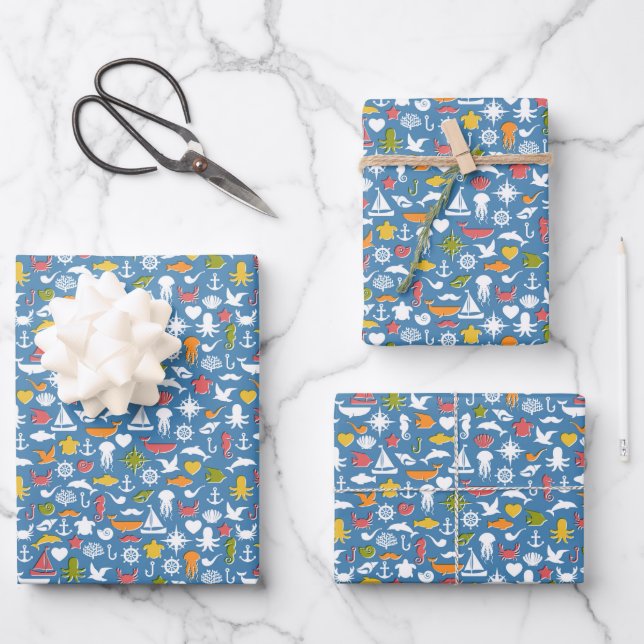 Marine Symbols Pattern Wrapping Paper Sheet (Front)