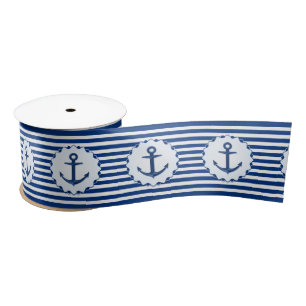 Marine Theme Blue and White Stripe with Anchor  Satin Ribbon