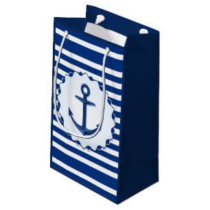 Marine Theme Blue and White Stripe with Anchor Small Gift Bag