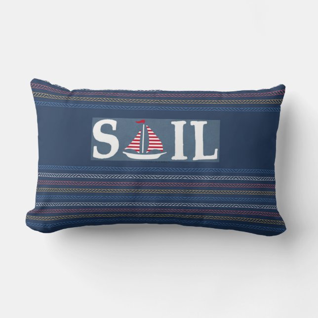 Marine Theme Blue Ocean Regatta Stripe Rope Lines Lumbar Cushion (Front)