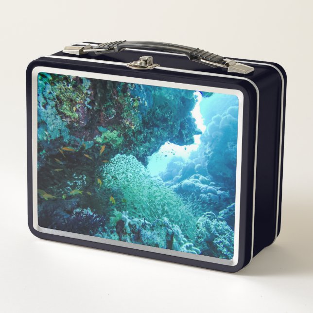 Marine Underwater Red Sea Coral Reef Swimming Fish Metal Lunch Box (Front)
