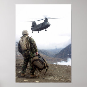 Marine Waits for CH-47 Chinook Helicopter Poster