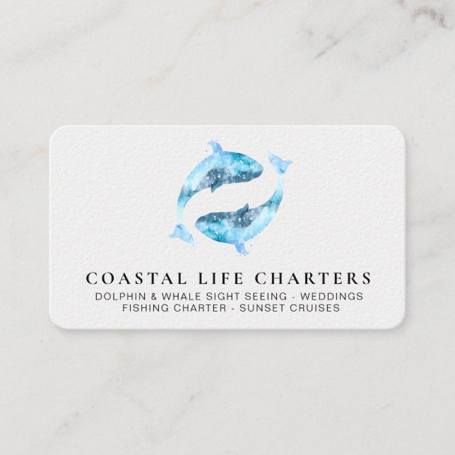 *~* Marine Watercolor Playing Coastal Dolphins Sea Business Card (Front)