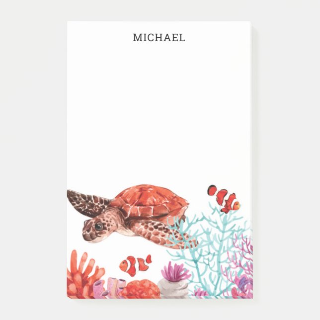 Marine Watercolor Sea Turtle Personalised Name Post-it Notes (Front)