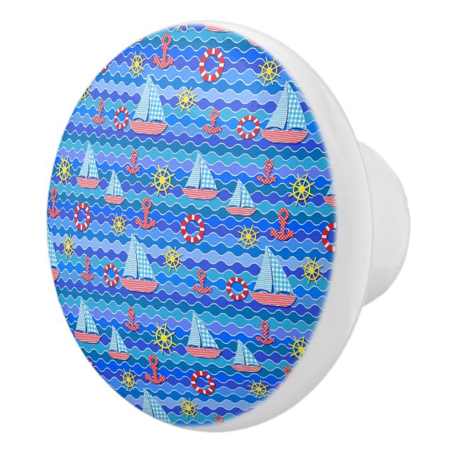 Marine Wave Red Blue Anchor Boat Sail Ship Wheel Ceramic Knob (Right)