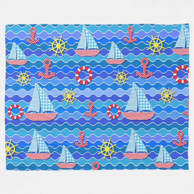  Marine Wave Red Blue Anchor Boat Sail Ship Wheel  Fleece Blanket (Front (Horizontal))