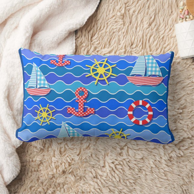  Marine Wave Red Blue Anchor Boat Sail Ship Wheel  Lumbar Cushion (Blanket)