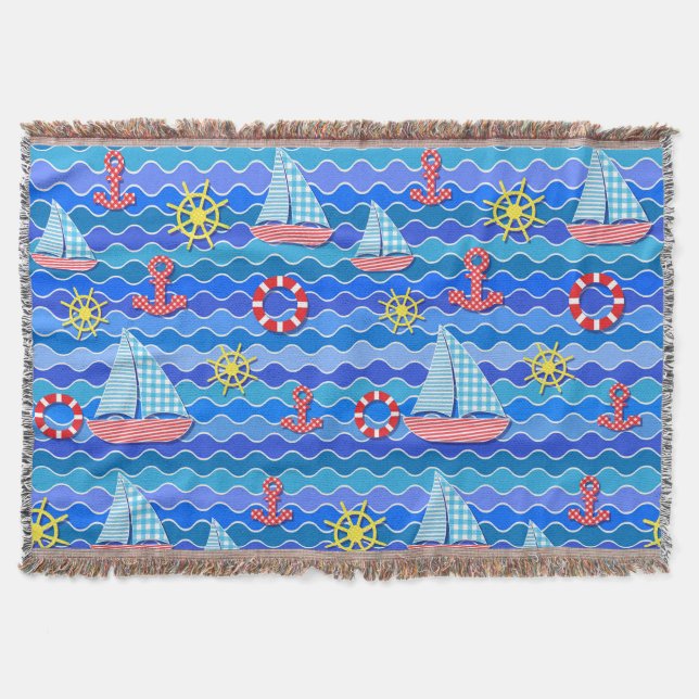  Marine Wave Red Blue Anchor Boat Sail Ship Wheel  Throw Blanket (Front)