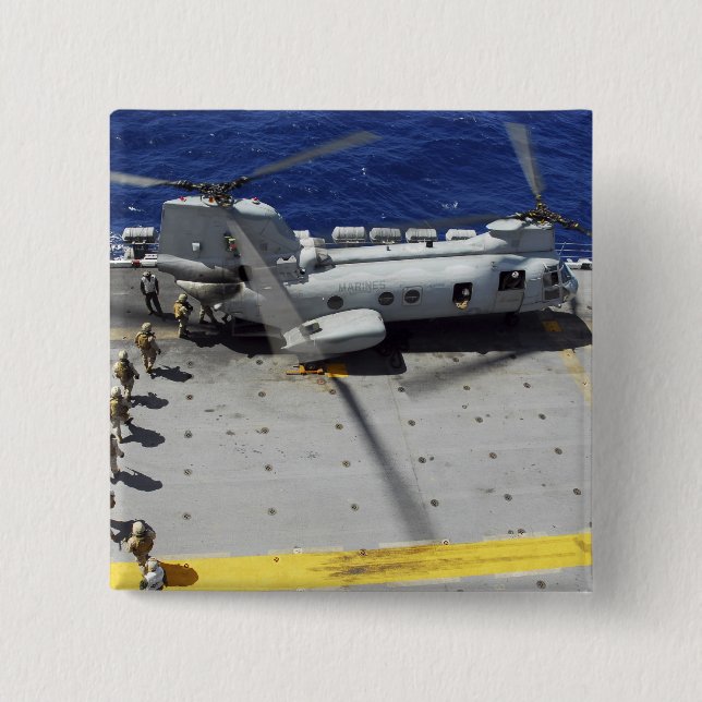 Marines board a CH-46E Sea Knight helicopter 15 Cm Square Badge (Front)