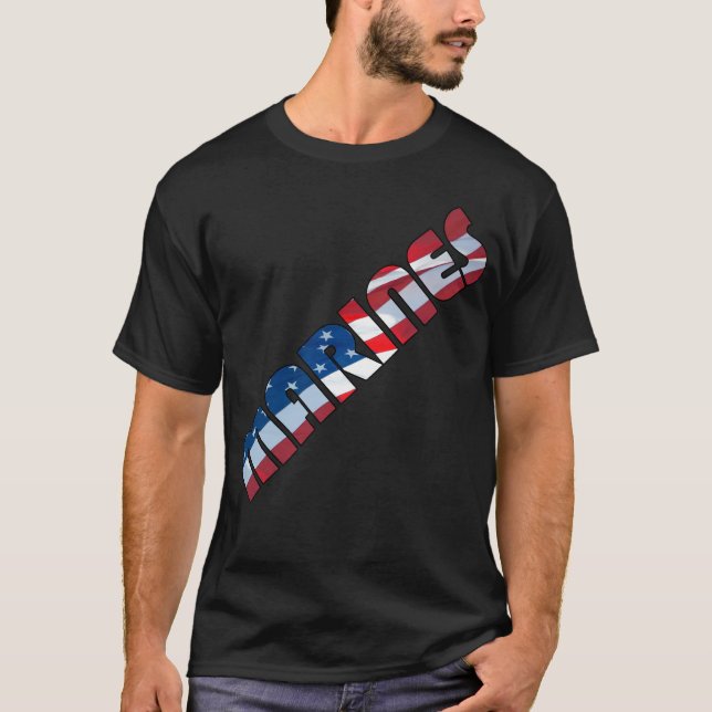 MARINES in Waving American Flag Font T-Shirt (Front)