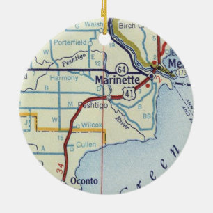 Marinette WI Map Ceramic Tree Decoration