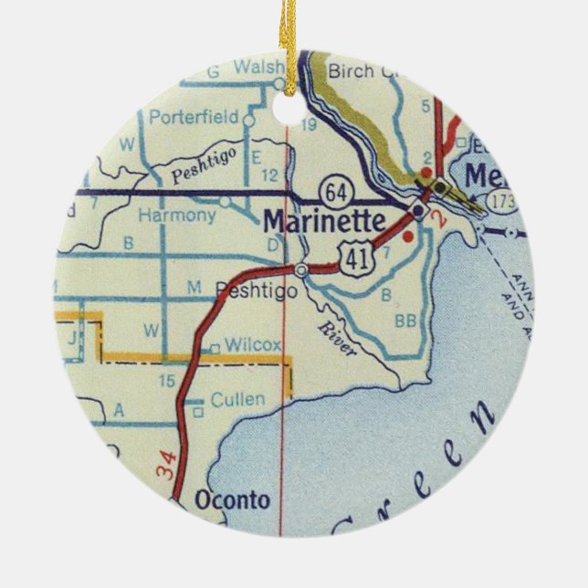Marinette WI Map Ceramic Tree Decoration (Back)