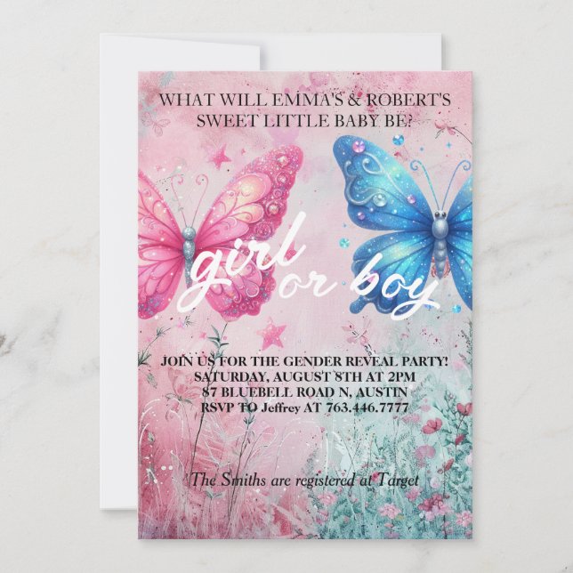  Mariposa summer Gender Reveal Party Invitation (Front)
